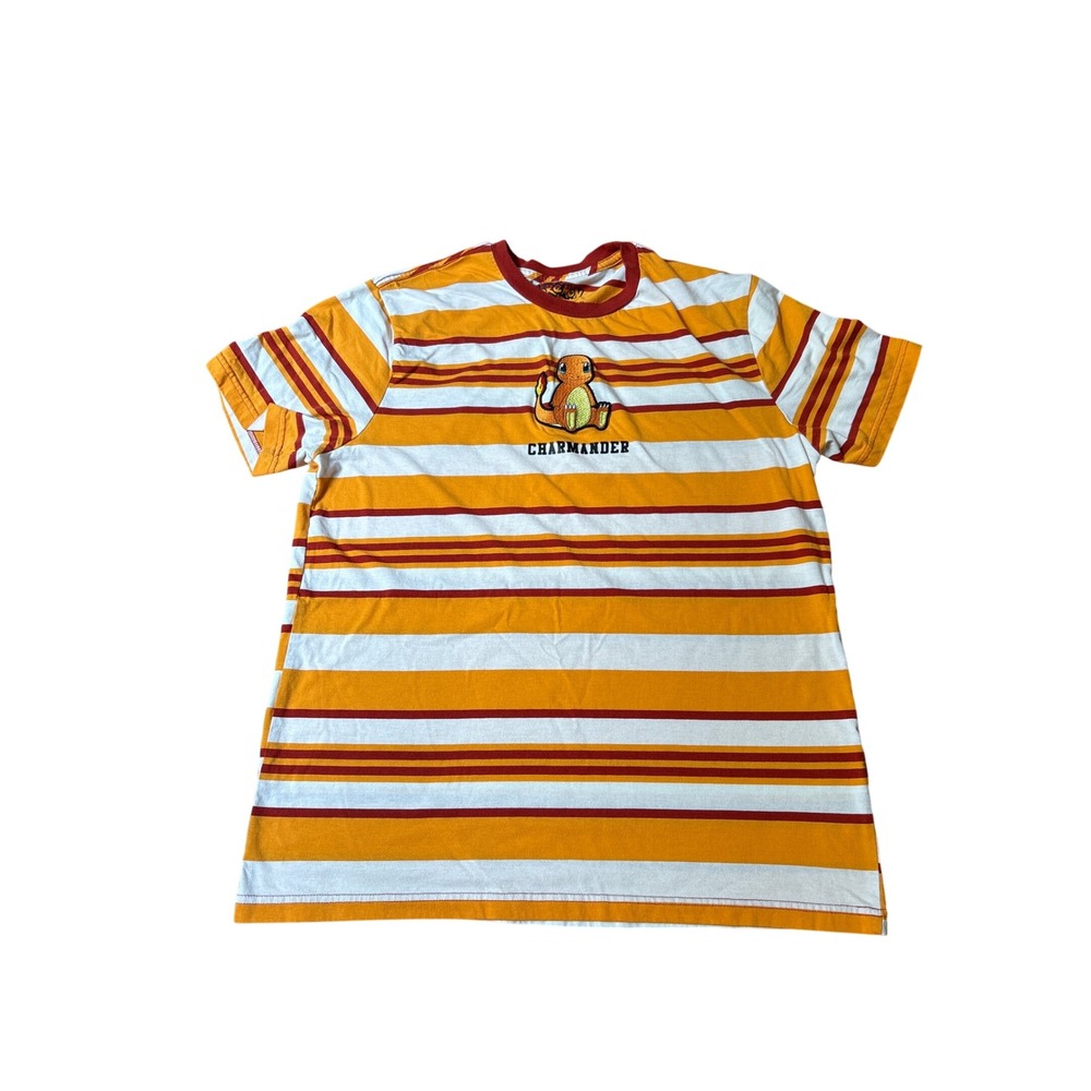 Pokemon Charmander T Shirt Womens Orange Striped Ringer Graphic Tee SIZE XL